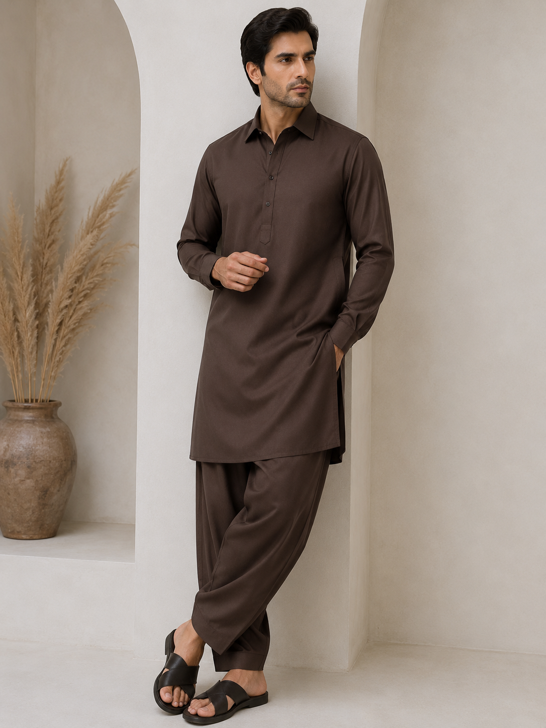 Brown stitched suit