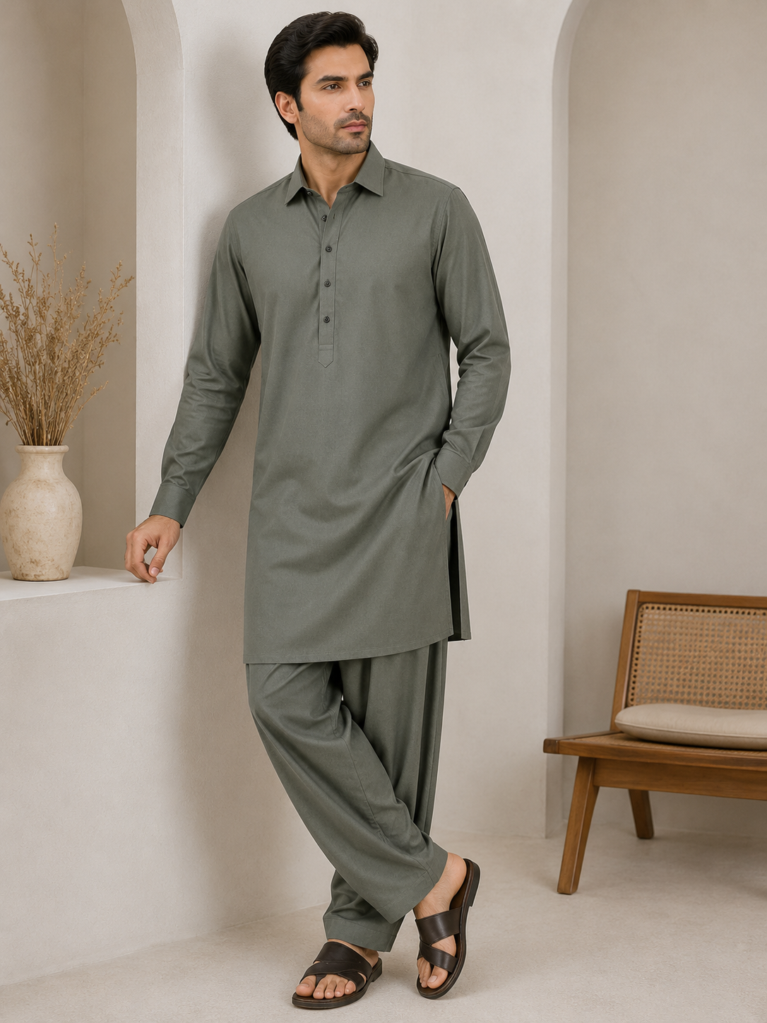Green stitched suit